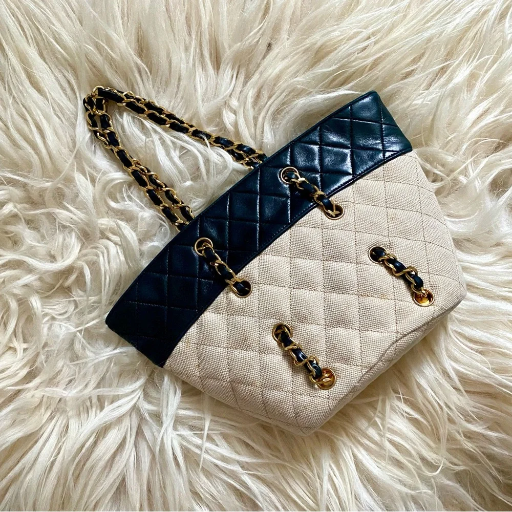 Chanel Vintage Navy Canvas Beige Mini Tote Bag - Picture 14 of 16